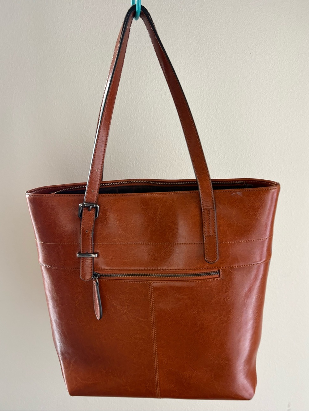 Iswee Tan Leather Tote with Front Zip Pocket